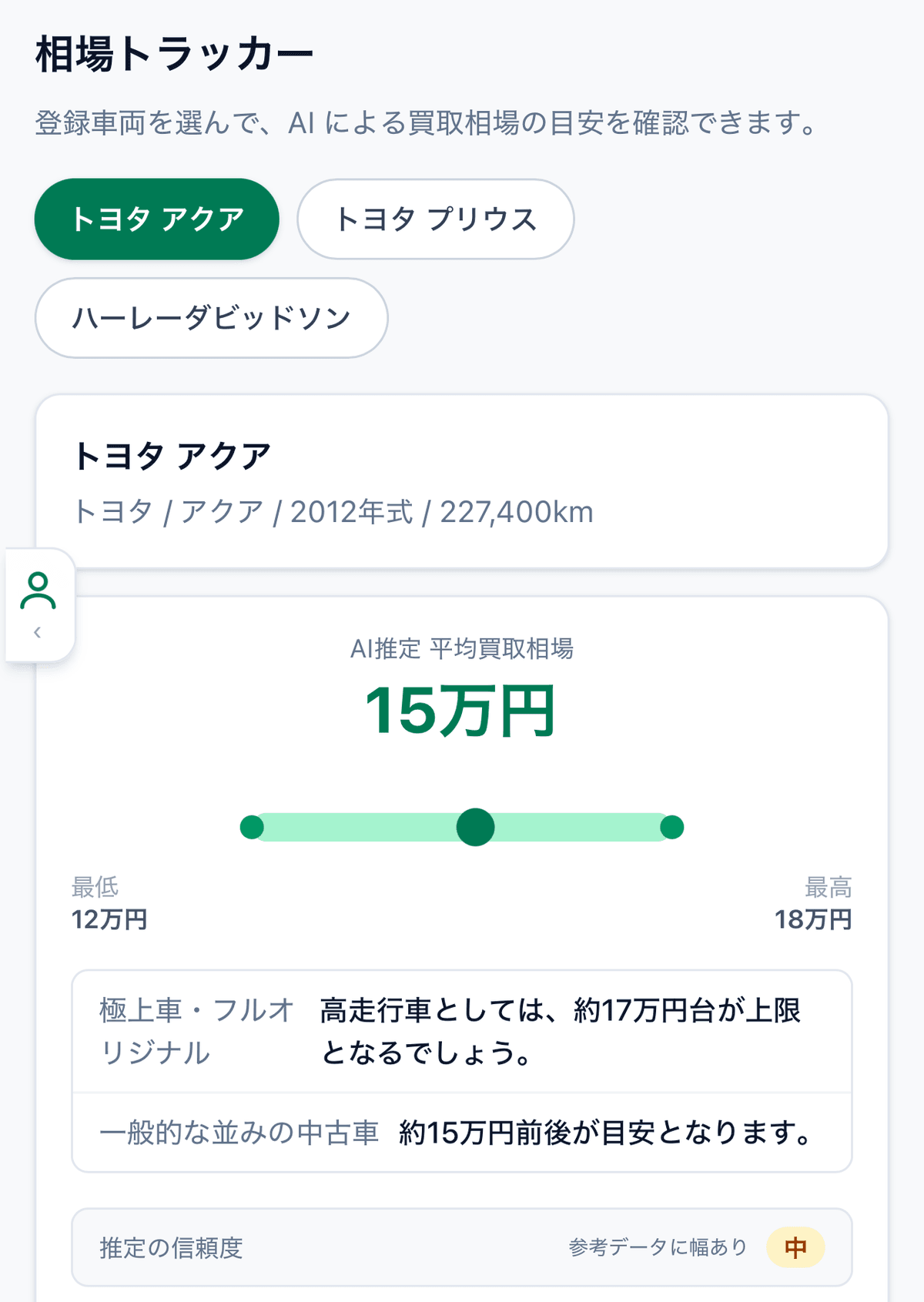 AI 買取相場推定の結果カード(最低・平均・最高の 3 段階表示)
