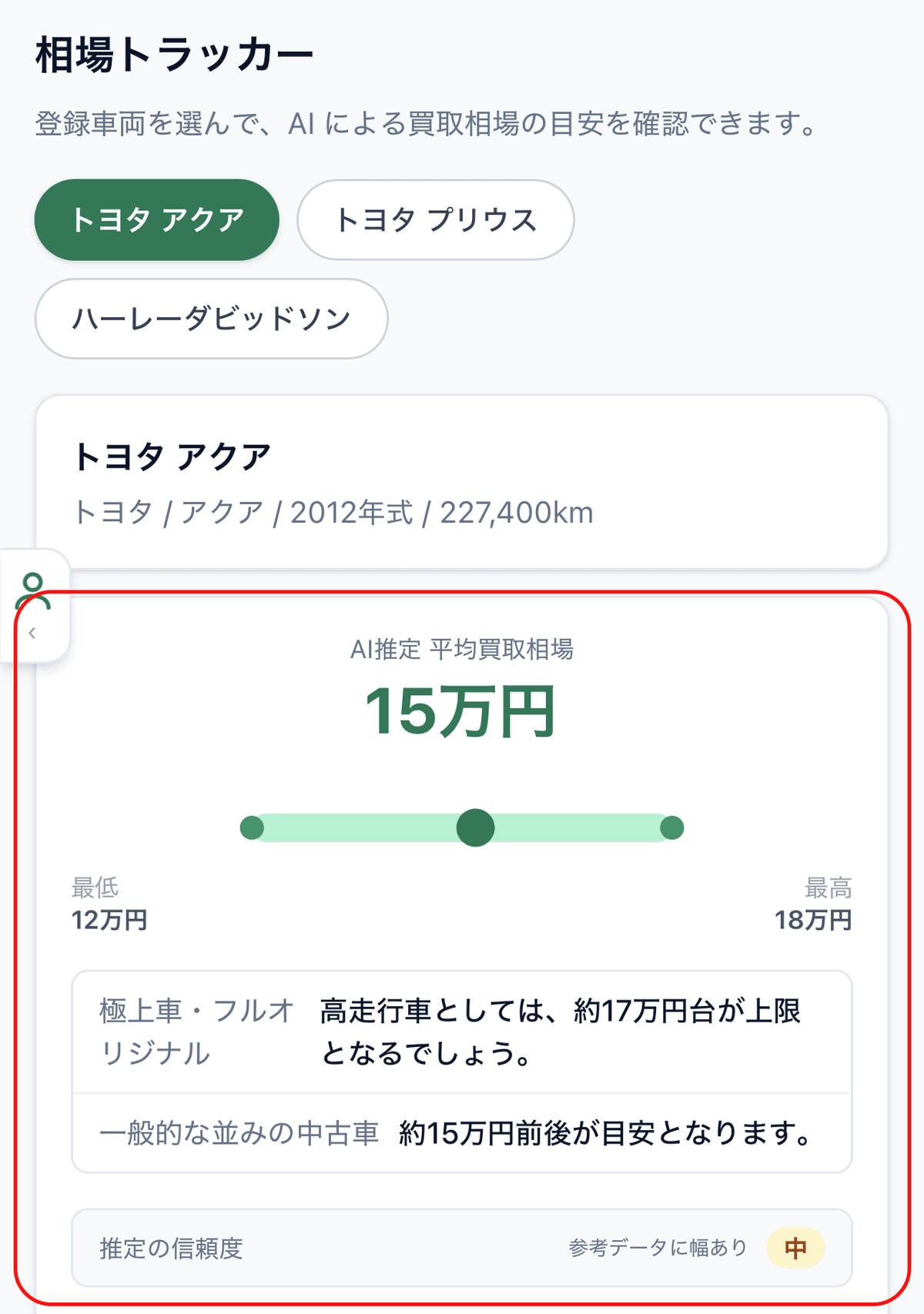推定結果カード(最低・平均・最高の金額 + 信頼度スコア)