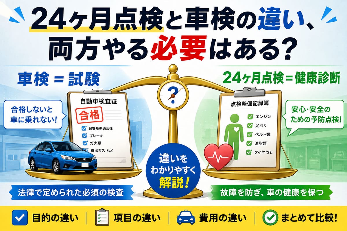 「車検 = 試験」「24ヶ月点検 = 健康診断」の対比を天秤とチェックリストで表現した概念図