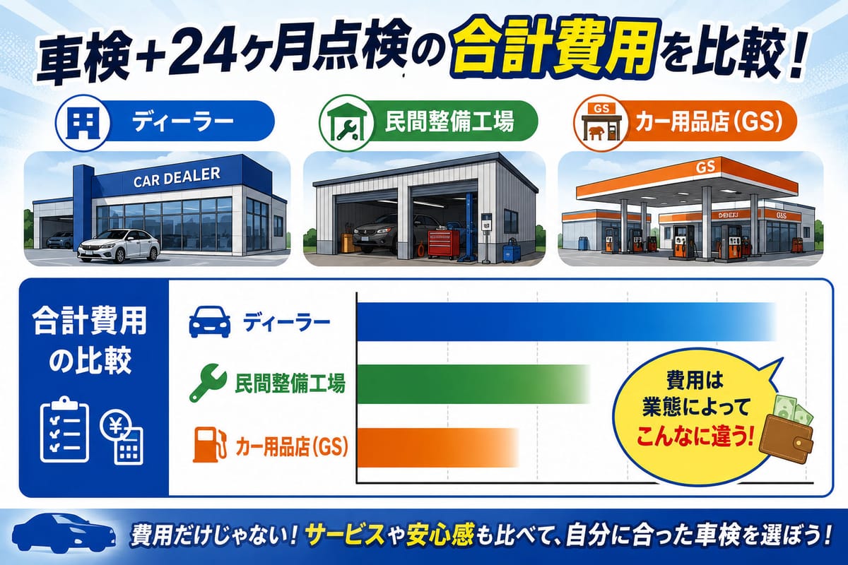 ディーラー・民間整備工場・カー用品店 GS の 3 業態で車検 + 24ヶ月点検の合計費用を横棒グラフで比較したイラスト