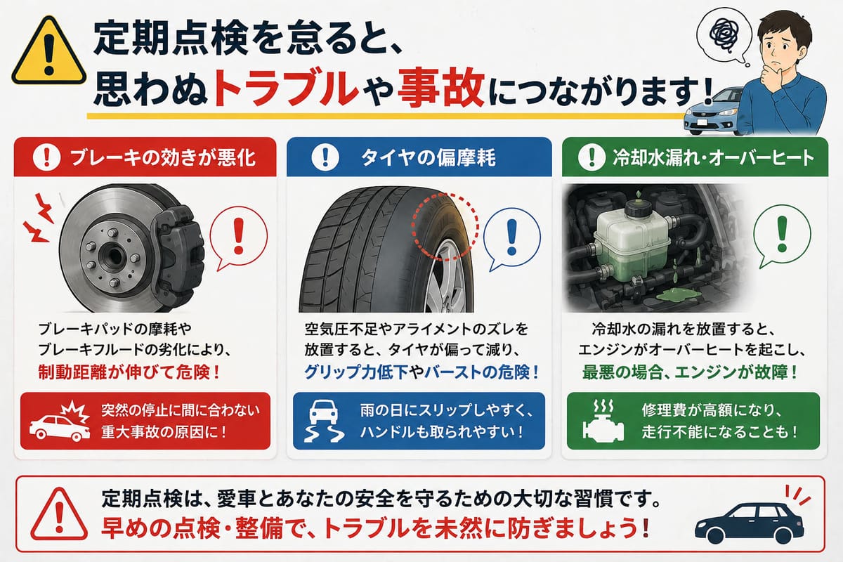 定期点検を怠った場合に起きやすい不具合(ブレーキの効き・タイヤの偏摩耗・冷却水漏れ)を並べた注意喚起図