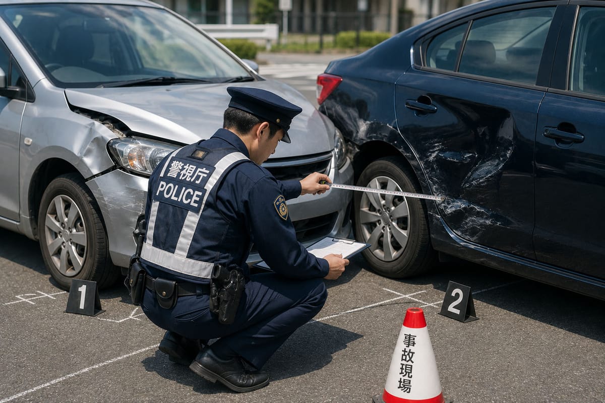 事故現場で警察官が実況見分を行い、車両の破損位置を測定している様子