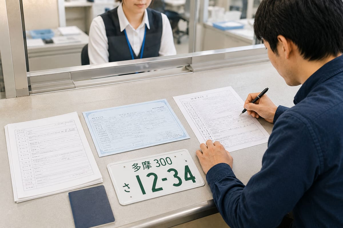運輸支局の窓口で車検証の変更登録申請書に記入している様子(住民票・古い車検証・新ナンバープレートを並べて)