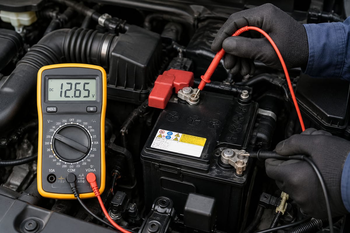 車のバッテリーとテスターを使った電圧チェックの様子(バッテリー診断イメージ)