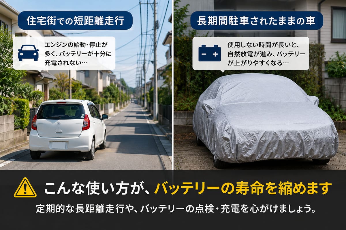 住宅街での短距離走行や、長期間駐車されたままの車のイメージ(バッテリー寿命を縮める使い方の例)