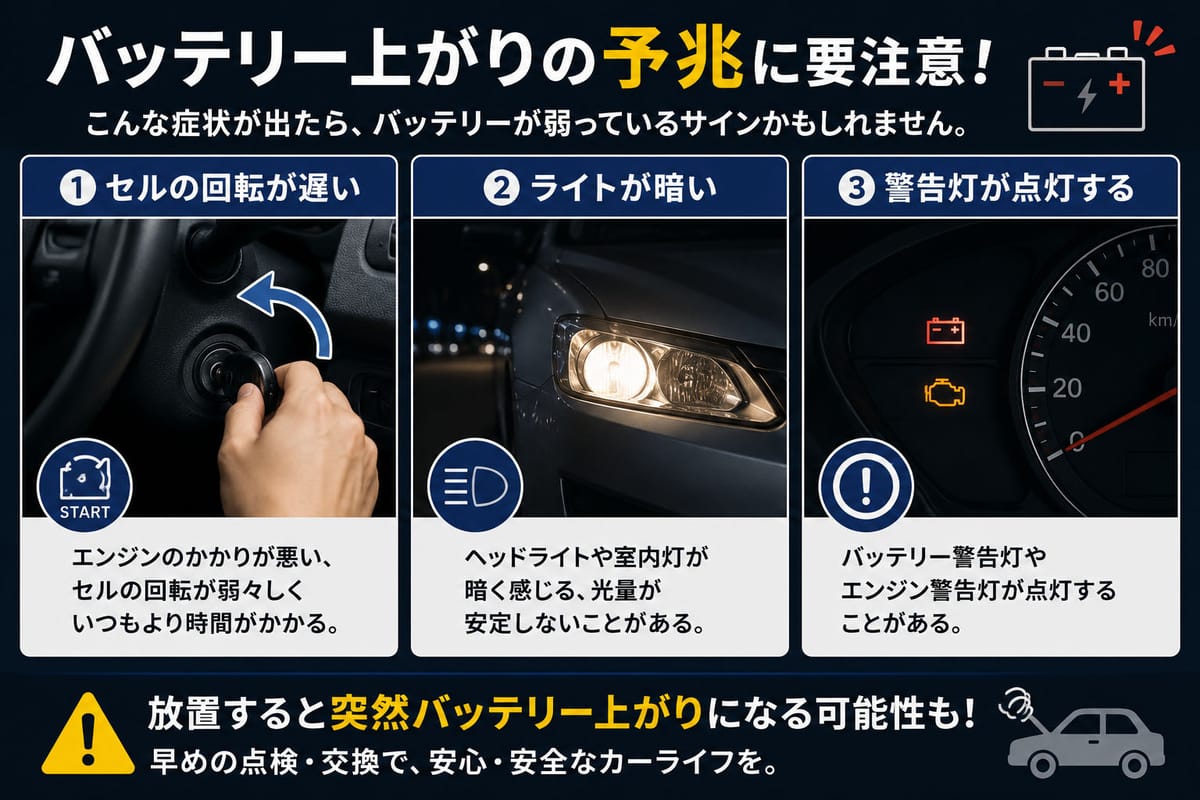 バッテリー上がりの予兆(セルの回転が遅い、ライトが暗い、警告灯点灯など)を示すイメージ
