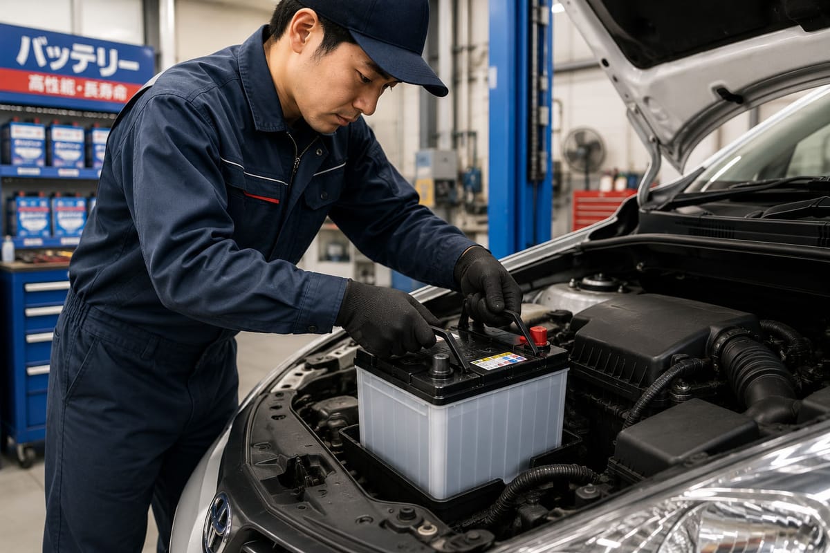 カー用品店やディーラーの整備工場でバッテリー交換を行う作業風景