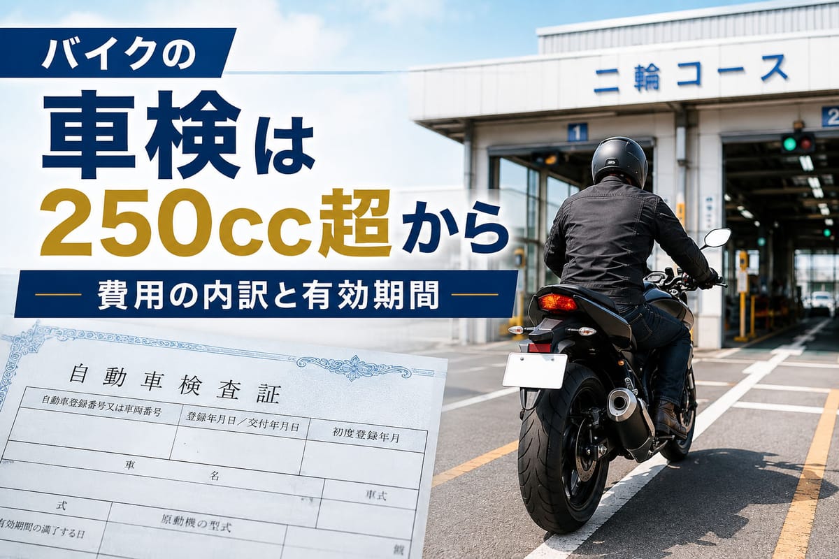 バイクの車検を受けるため運輸支局の二輪コースに向かう 250cc 超のオートバイと、手元の自動車検査証