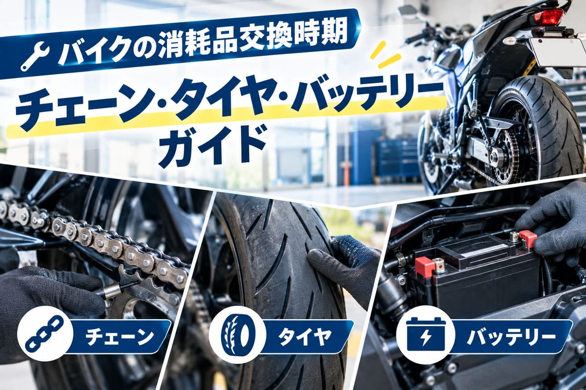 バイクのチェーン・タイヤ・バッテリーなど消耗品を点検する様子