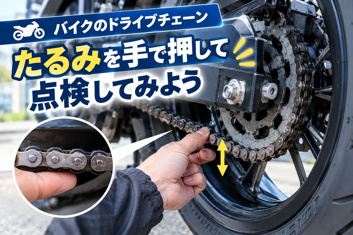 バイクのドライブチェーンのたるみを手で押して点検している様子