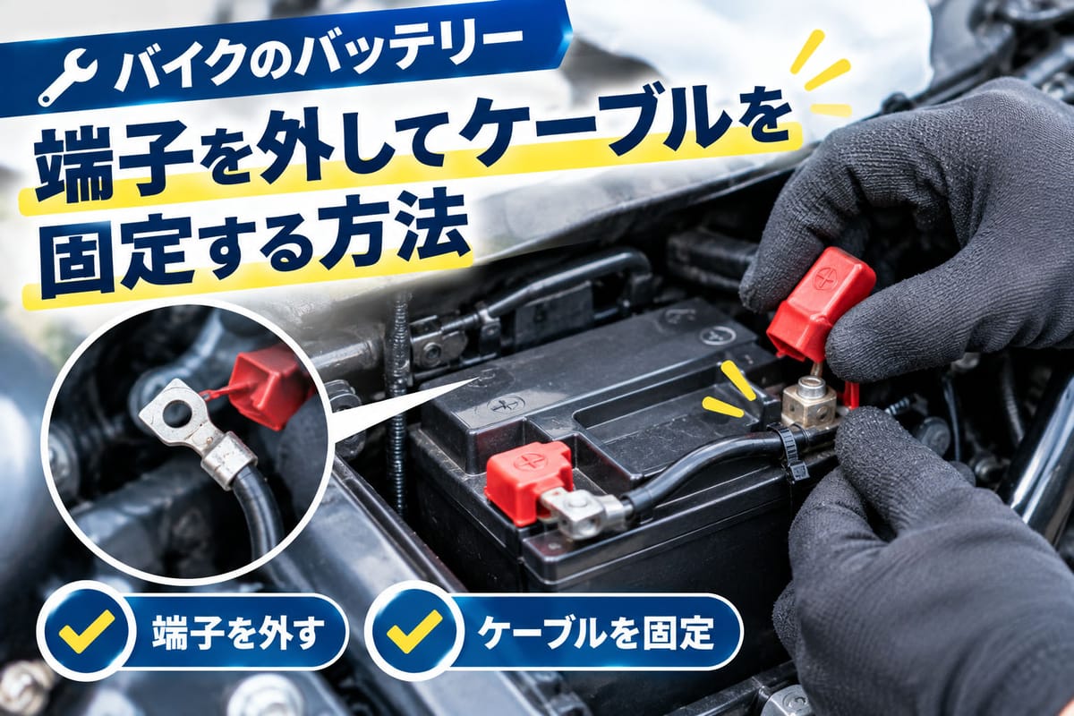 バイクのバッテリー端子を外してケーブルを固定している様子