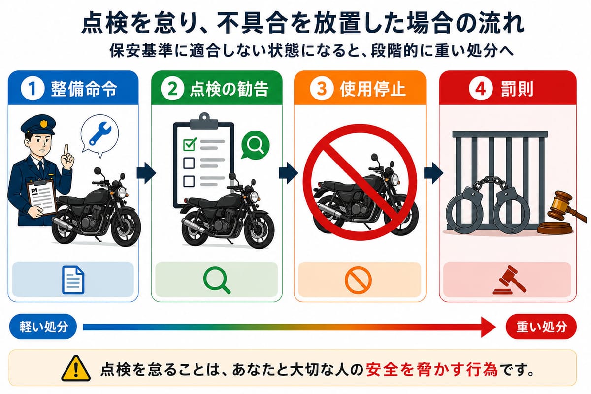 点検を怠り不具合を放置した場合に整備命令から勧告・使用停止・罰則へと進む 4 段階のフロー図