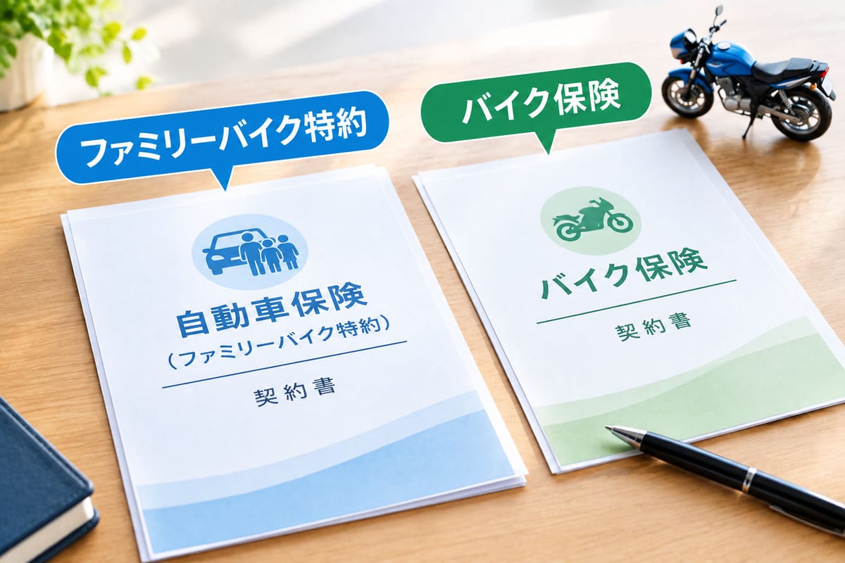 ファミリーバイク特約と単体のバイク保険の契約書類を並べたイメージ