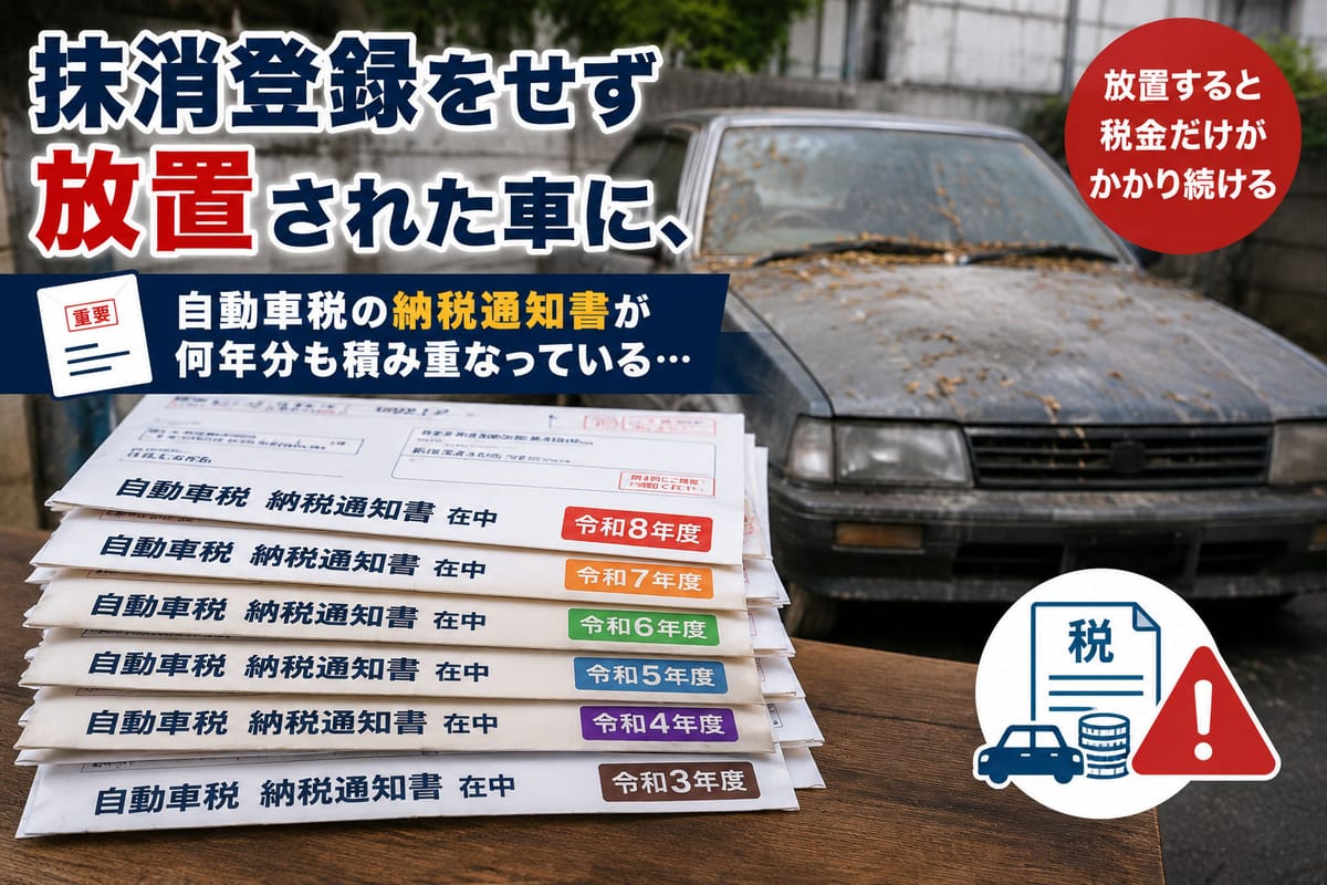抹消登録をせず放置された車に、自動車税の納税通知書が何年分も積み重なっているイメージ