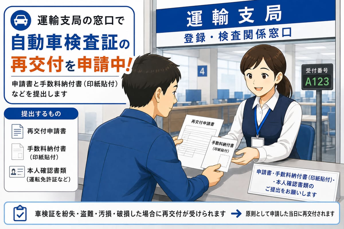 運輸支局の窓口で自動車検査証の再交付を申請している様子(申請書と手数料納付書を提出するところ)