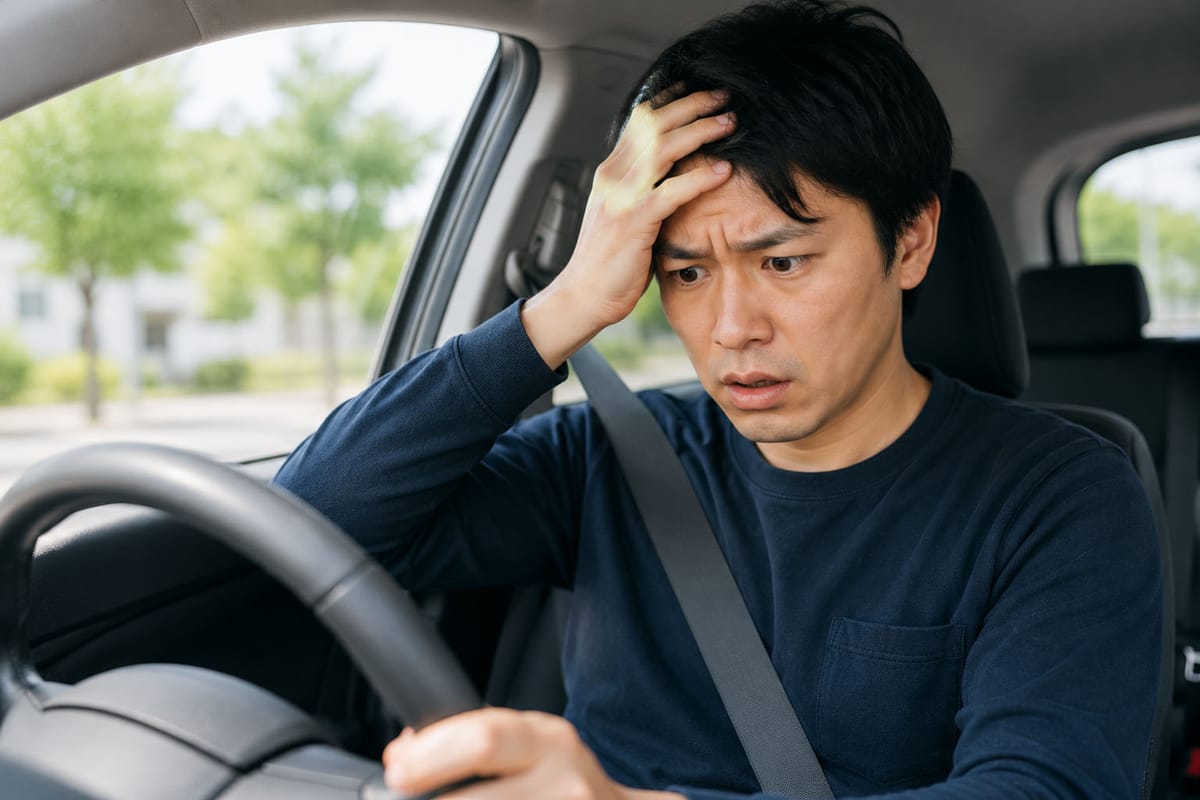 運転席で頭を抱えて困った表情を浮かべる男性ドライバー(車検切れに気付いた瞬間の不安を表現)