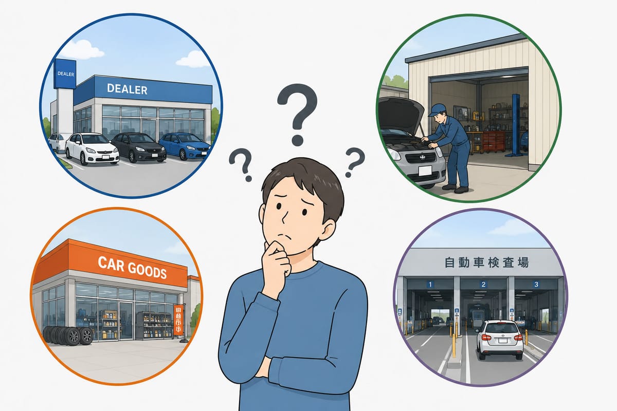 4 種類の車検業者(ディーラー・民間整備工場・カー用品店・自動車検査場でのユーザー車検)を前にどこで受けるか悩む男性ドライバーのイラスト