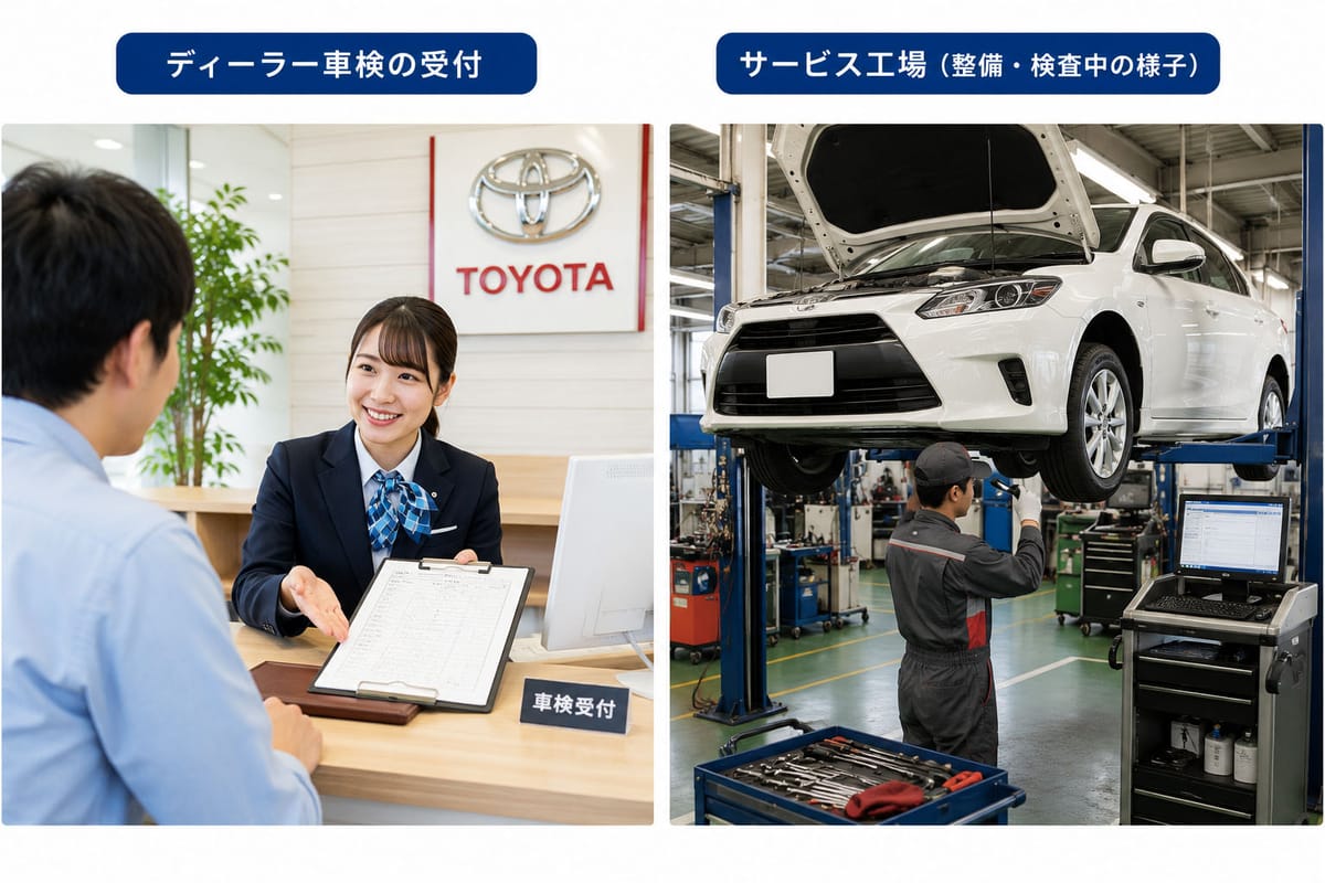 ディーラー車検の受付とサービス工場のイメージ