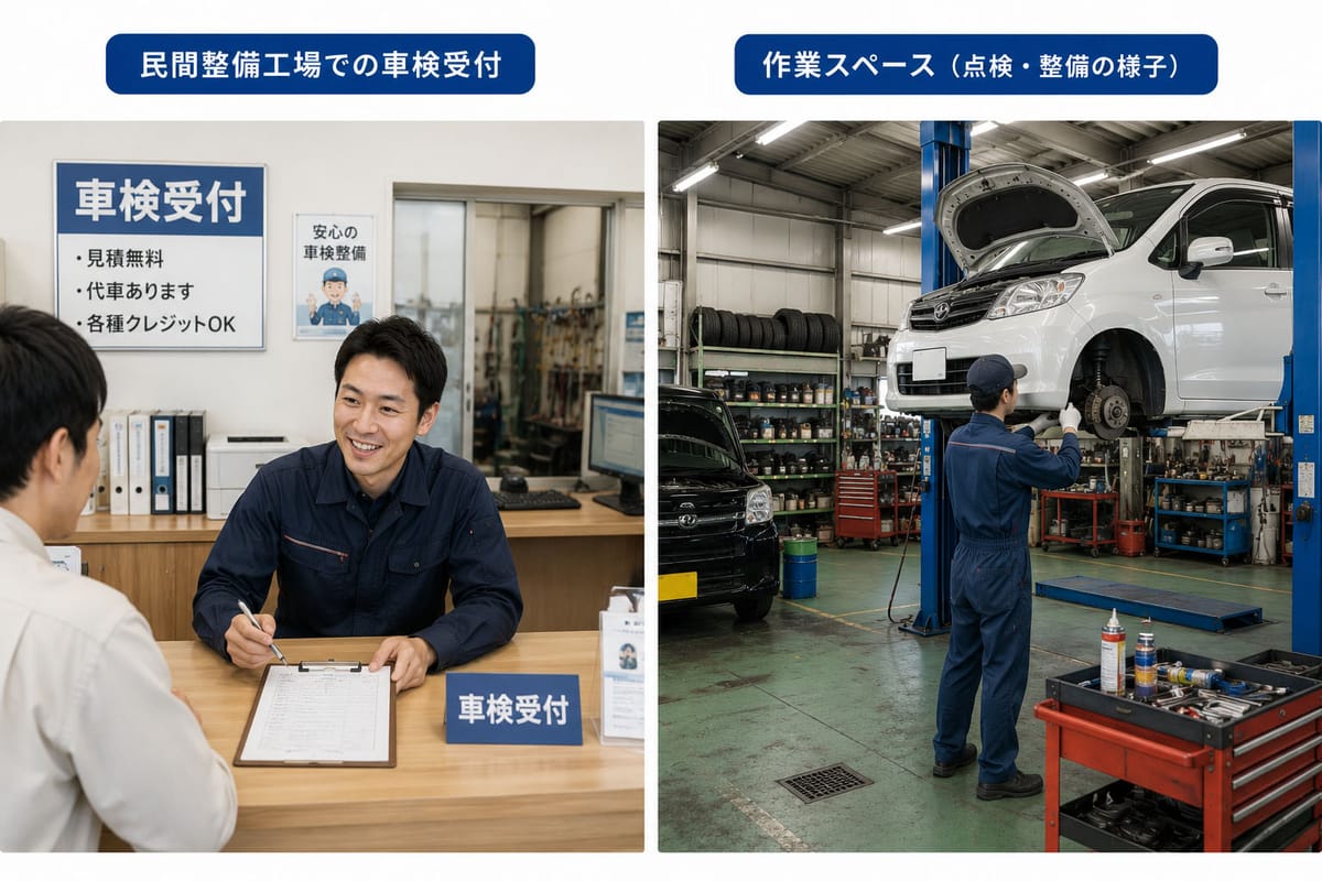 民間整備工場での車検受付と作業スペースのイメージ