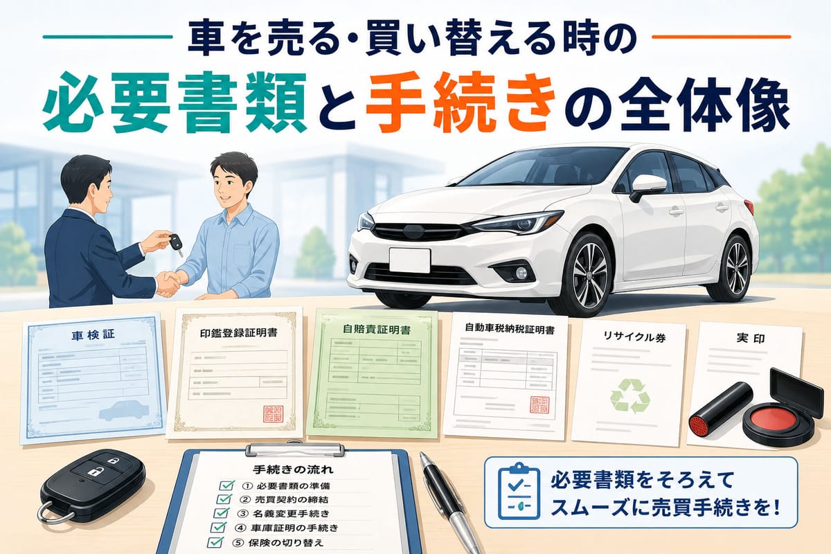 売却する車両の隣に車検証・印鑑登録証明書・自賠責証明書などの必要書類が並べられている売買手続きの全景イラスト