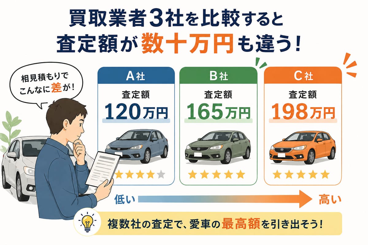 買取業者 3 社の査定額を並べて比較しているイラスト(相見積もりで数十万円差が出る様子)