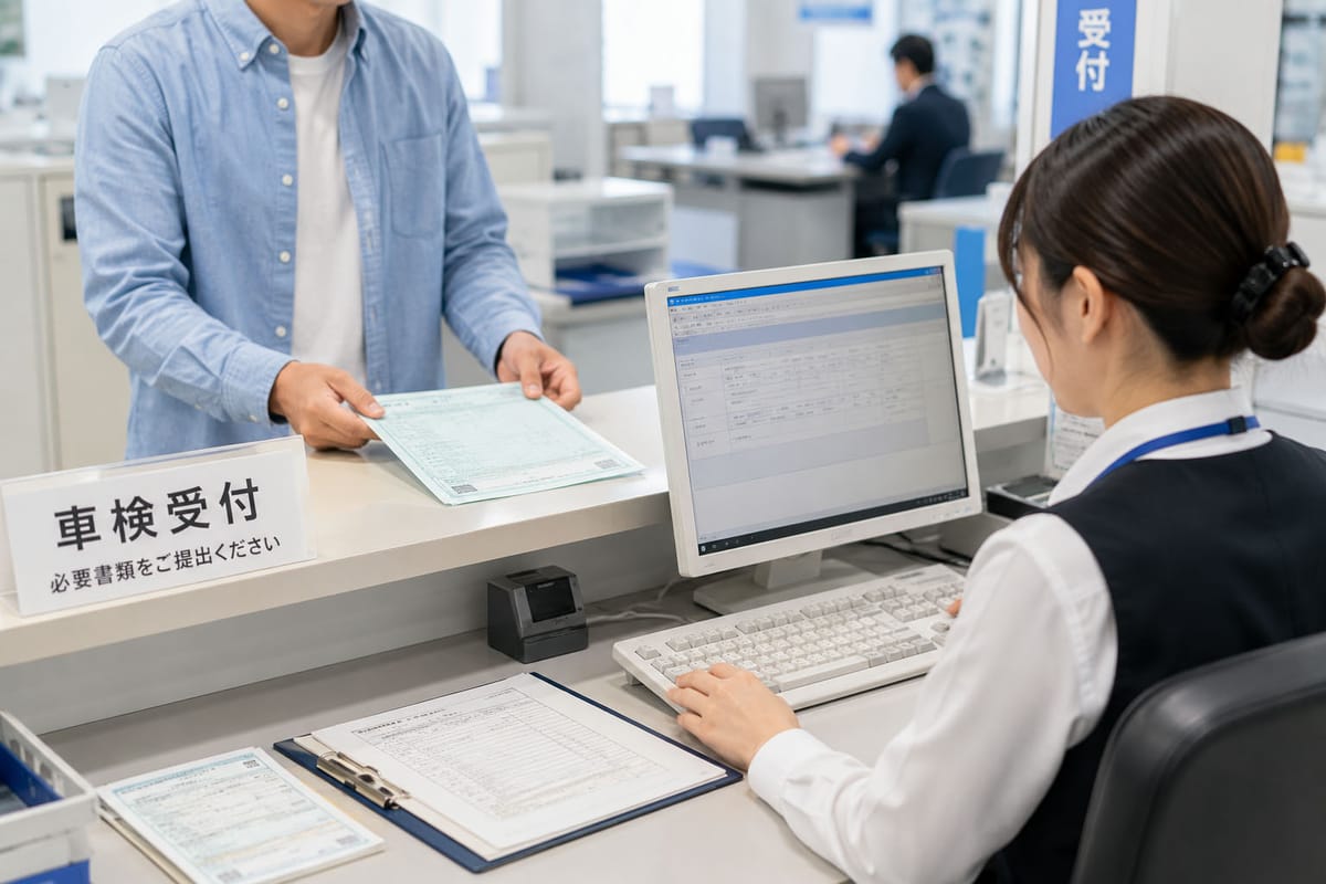 運輸支局の車検受付窓口で JNKS 電子照会を行っている様子(納税状況の電子確認イメージ)