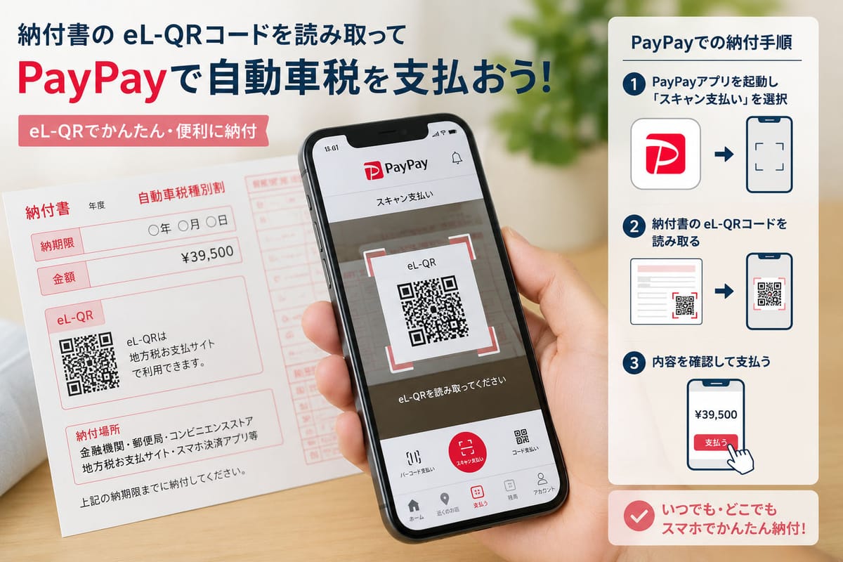 納付書の eL-QR コードをスマートフォンの PayPay アプリで読み取り、自動車税を支払う様子