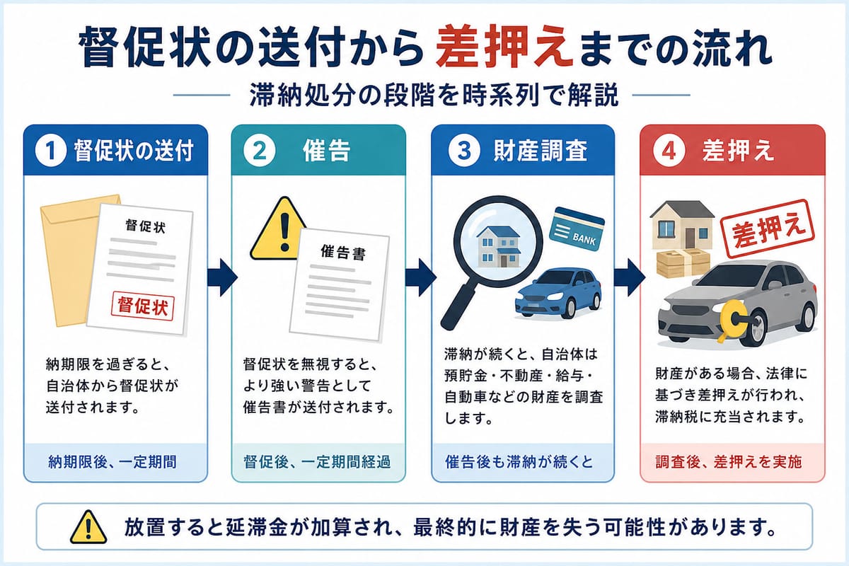 督促状の送付から催告、財産調査、差押えまでの段階を時系列で示したフロー図