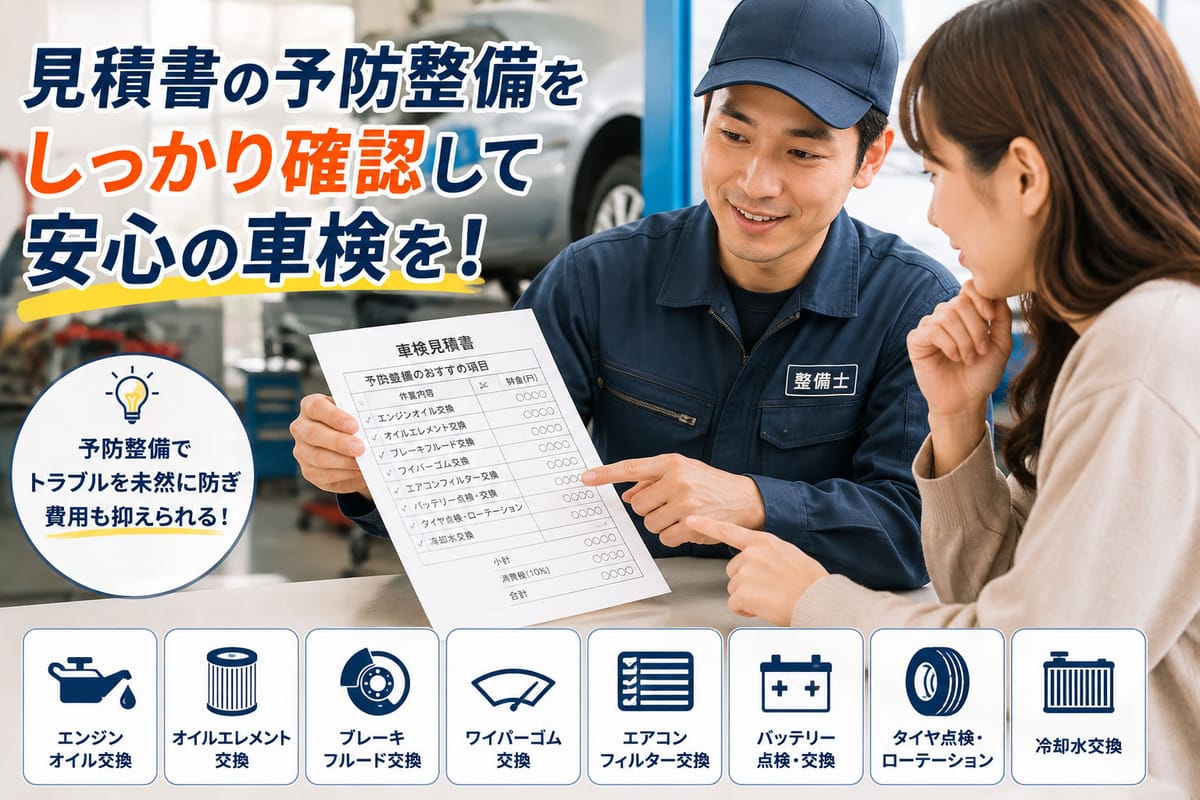 車検の見積書にある予防整備の項目を指さしながら整備士と相談しているドライバー