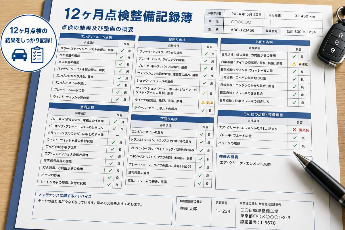 12ヶ月点検の結果が記入された点検整備記録簿