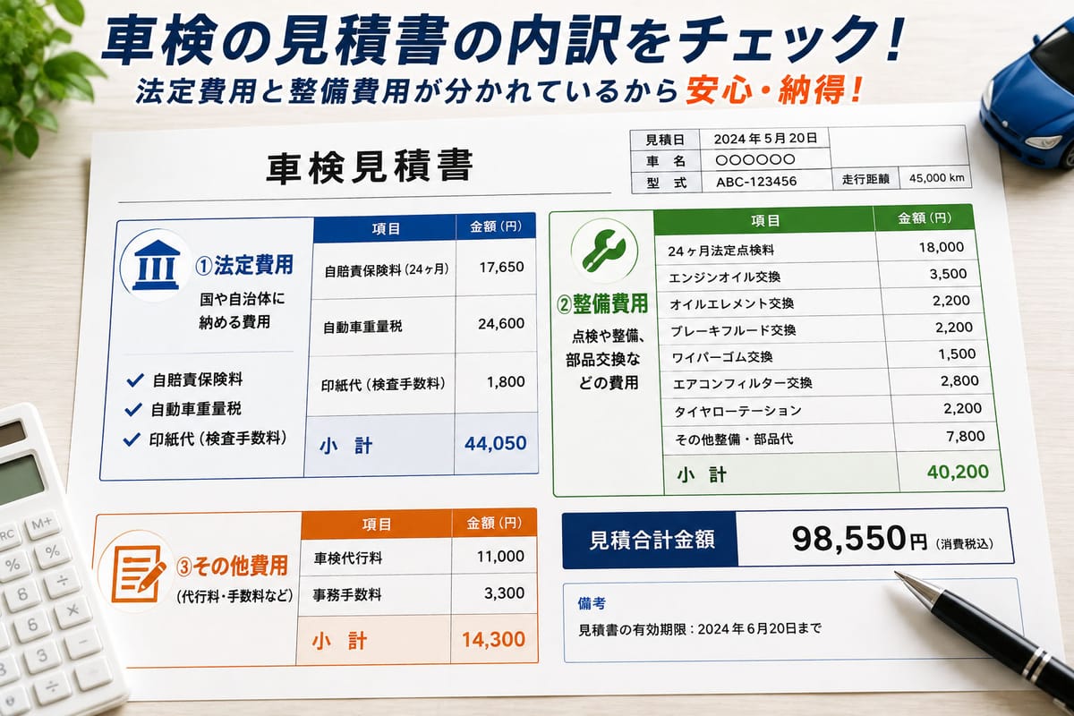 法定費用と整備費用が分けて記載された車検の見積書の内訳