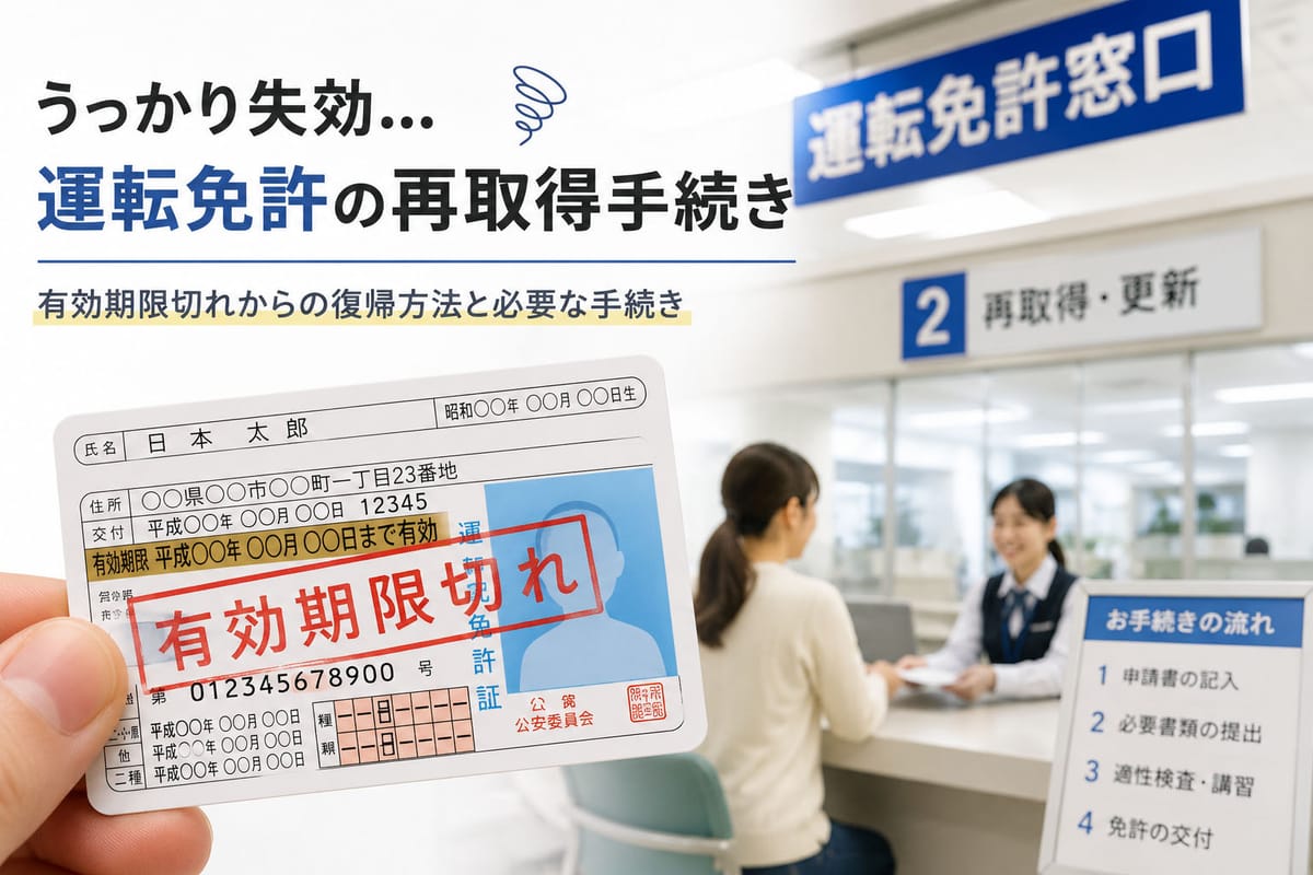 有効期限切れの運転免許証と免許センターの窓口(うっかり失効の再取得手続きイメージ)