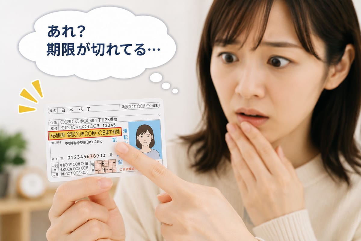 免許失効に気付いた場面のイメージ(免許証の有効期限欄を指差して確認しているシーン)