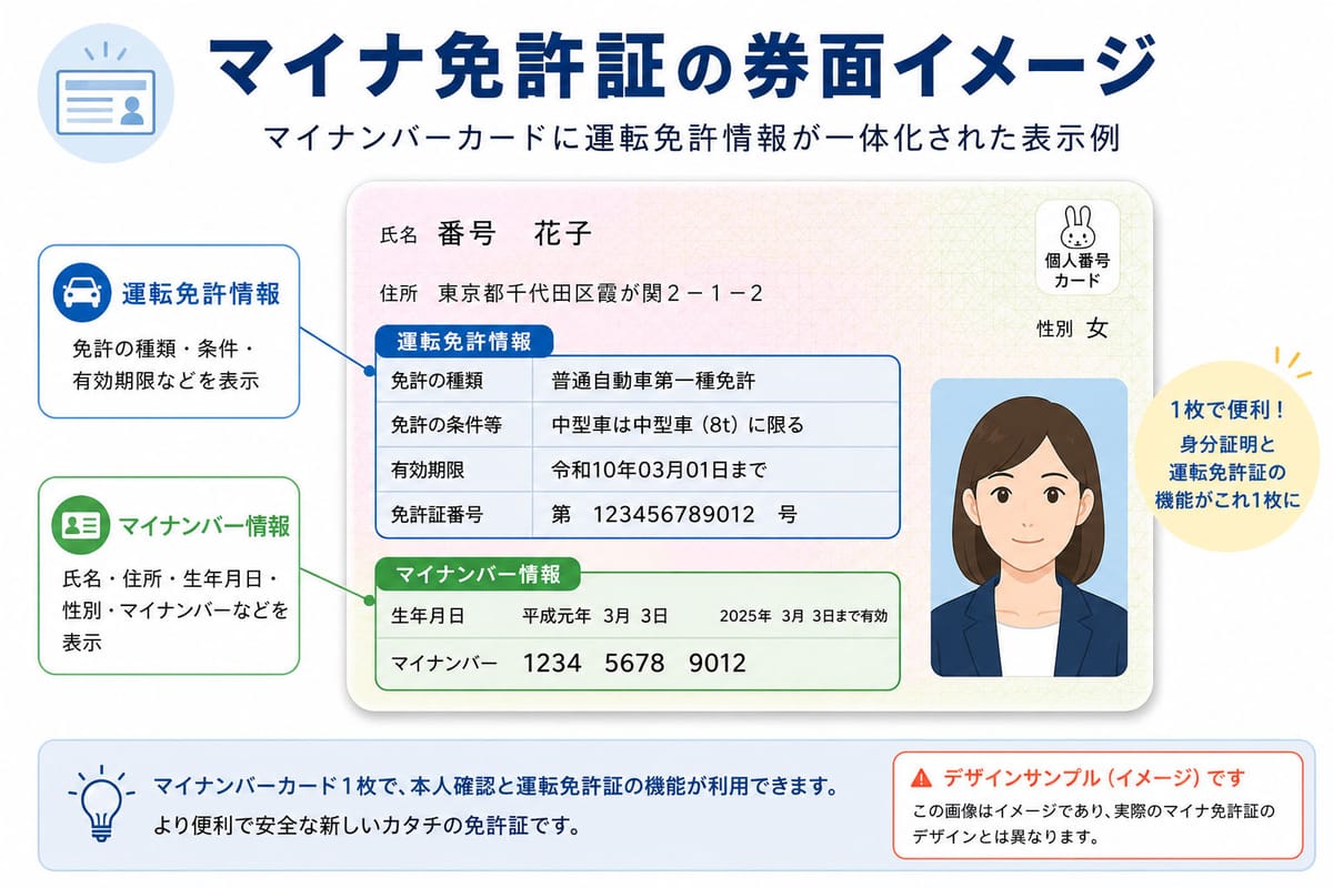マイナ免許証の券面イメージ(マイナンバーカードに運転免許情報が一体化された表示例)