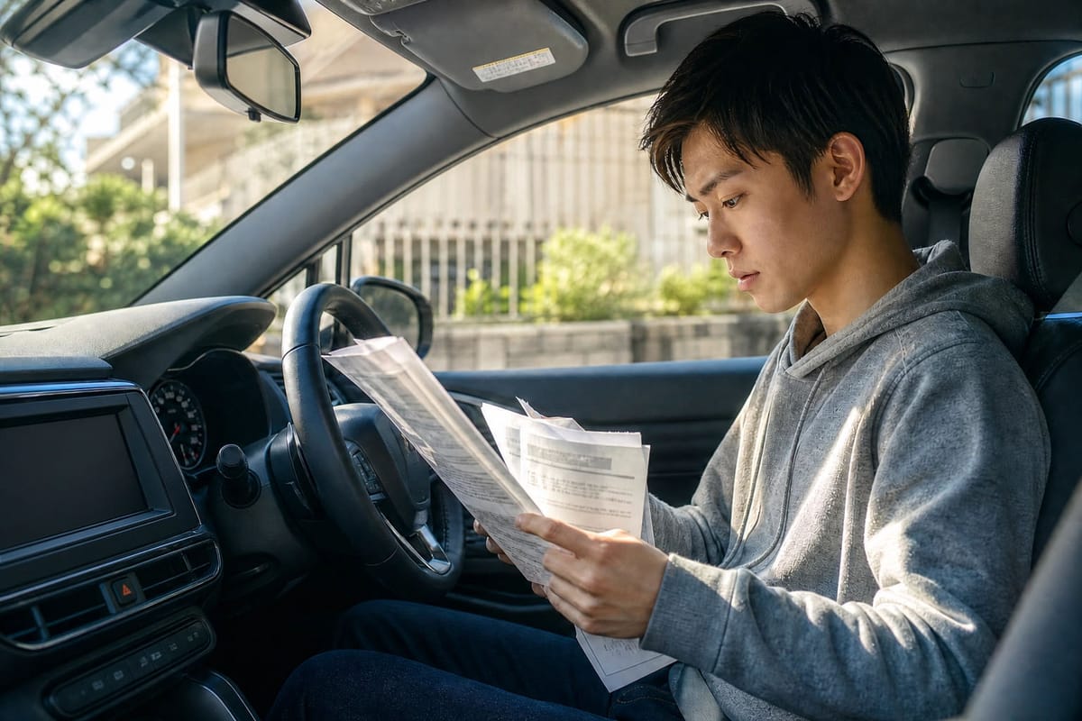 運転席で車検関連の書類(車検証・自賠責保険証等)を真剣に確認する若い男性ドライバー