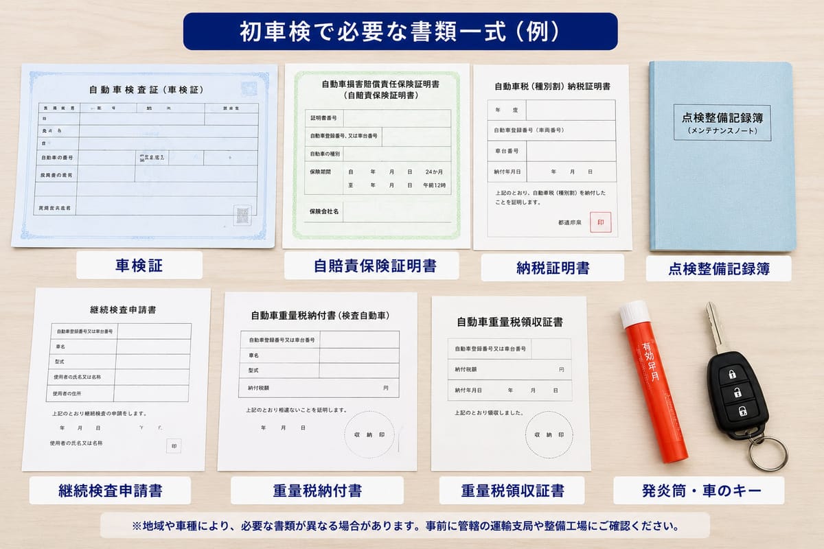 初車検で必要な書類一式(車検証・自賠責・納税証明書等)のイメージ