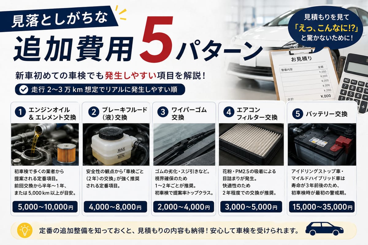 初車検の追加費用イメージ(オイル・フルード・ワイパー等の内訳)