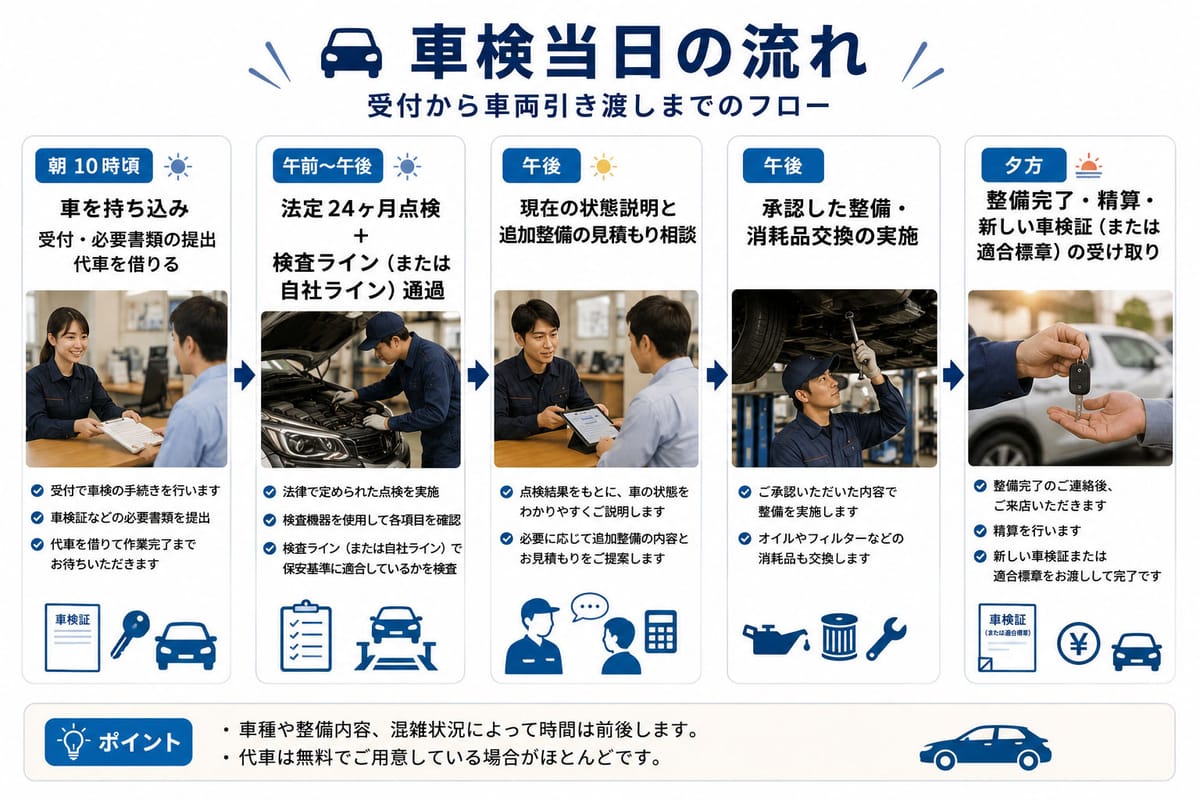 車検当日の受付から車両引き渡しまでのフロー図イメージ