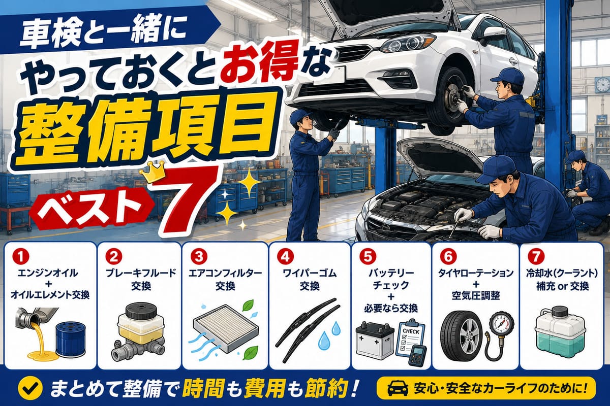 整備工場のリフト上で車両を囲む複数の整備士が同時並行で車検整備を進めているシーンのイラスト
