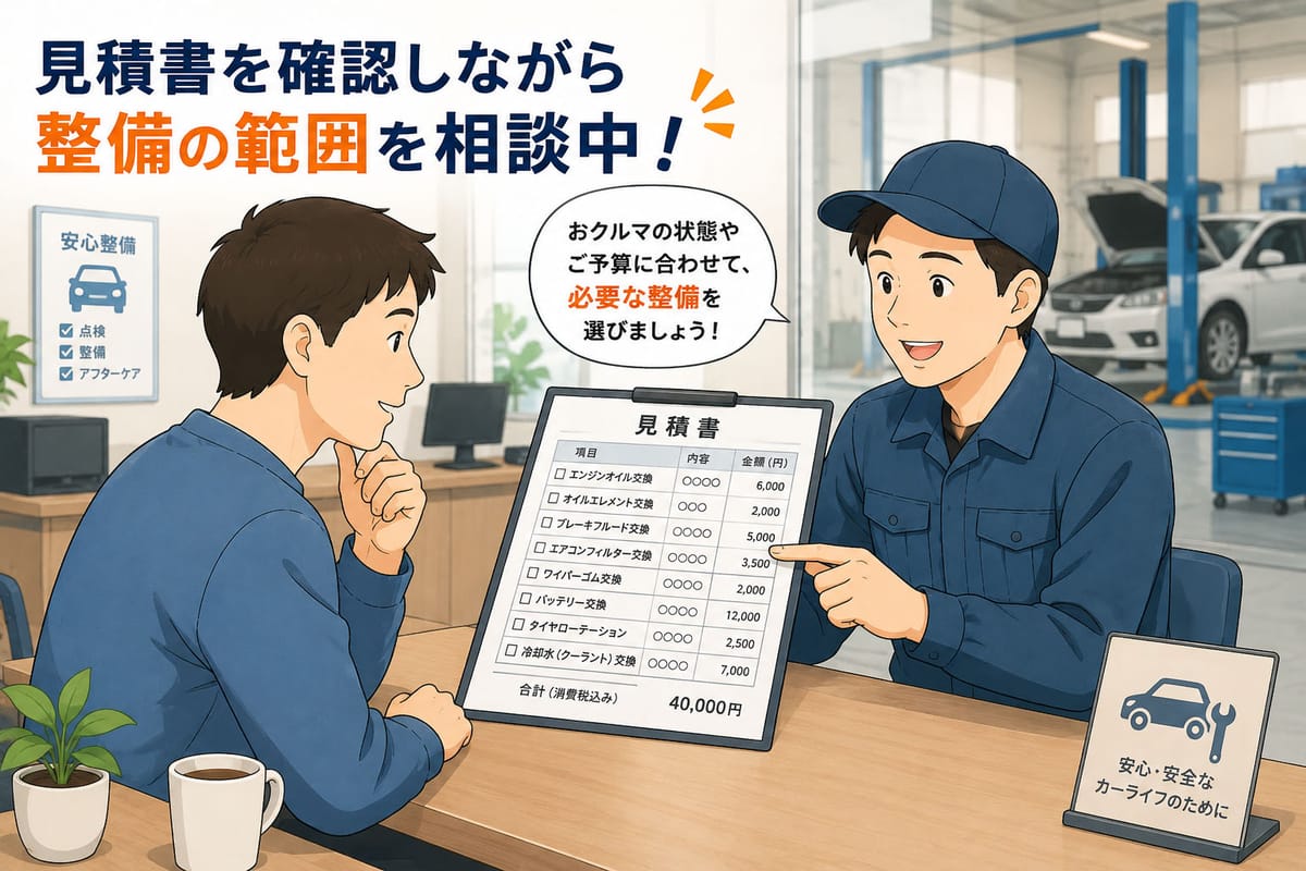 整備工場のカウンターで見積書を指しながら整備士に整備範囲を相談しているイラスト