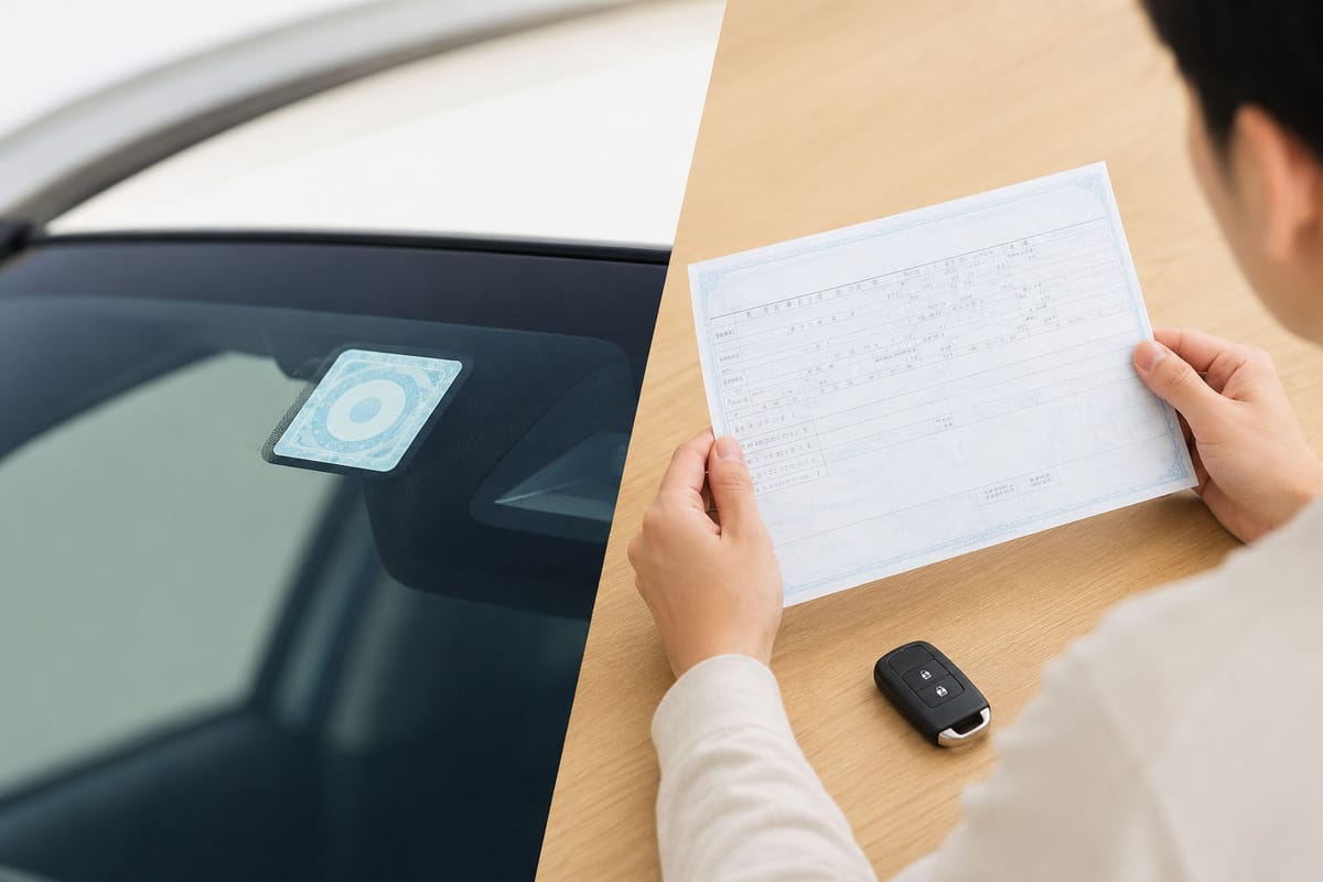 検査標章(車検シール)と車検証(自動車検査証)を並べたイメージ