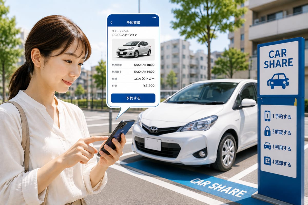 カーシェアのステーションでスマートフォンから車を予約しているところ