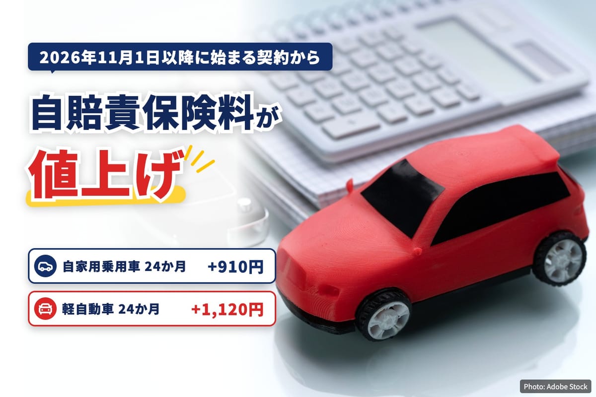 電卓と車の鍵、赤いミニカーの写真に、自賠責保険料が2026年11月1日以降に始まる契約から値上げになることと、自家用乗用車と軽自動車の24か月契約の値上げ額を重ねた画像