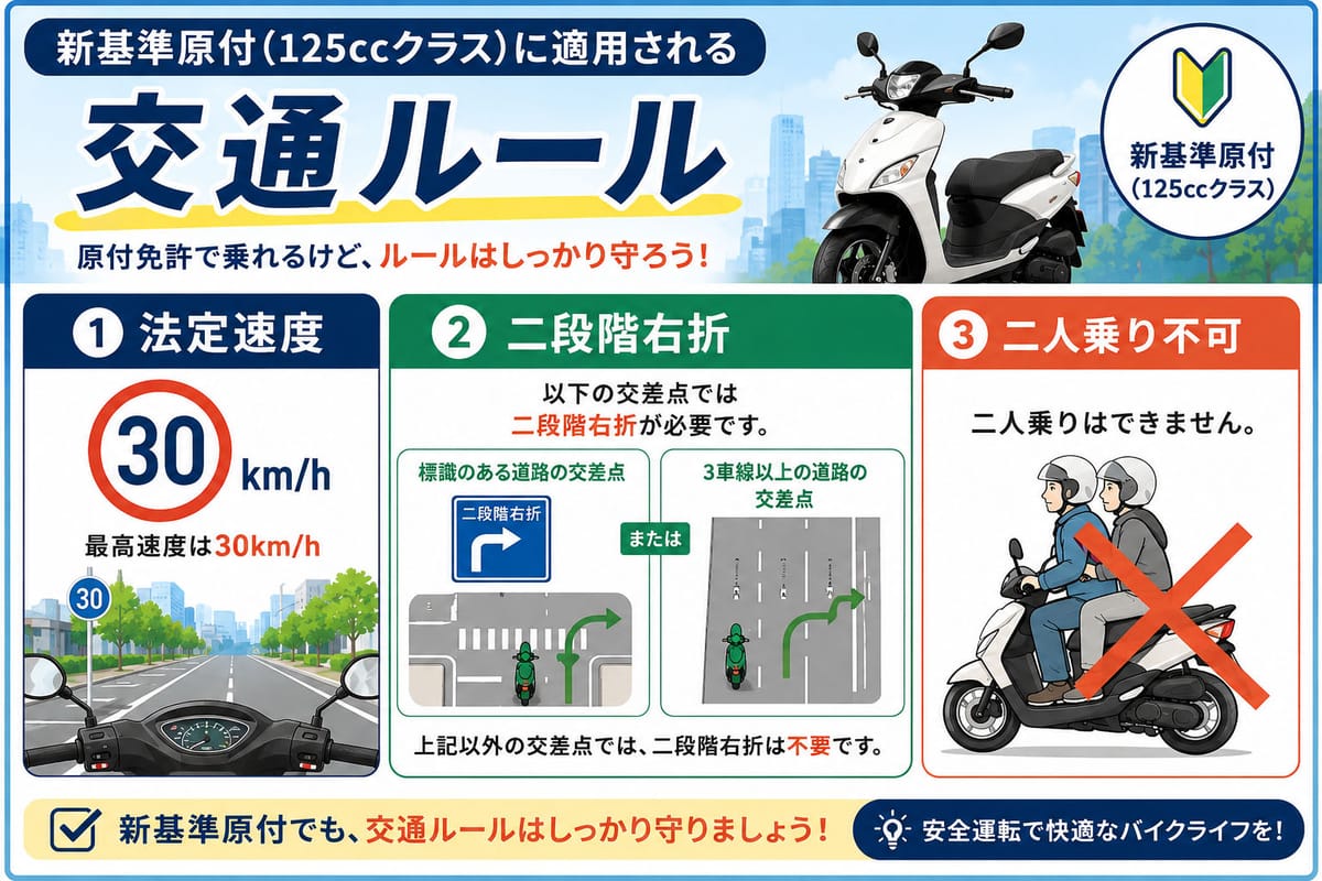 新基準原付に適用される交通ルール(法定速度 30km/h・二段階右折の要否・二人乗り不可)をまとめた図