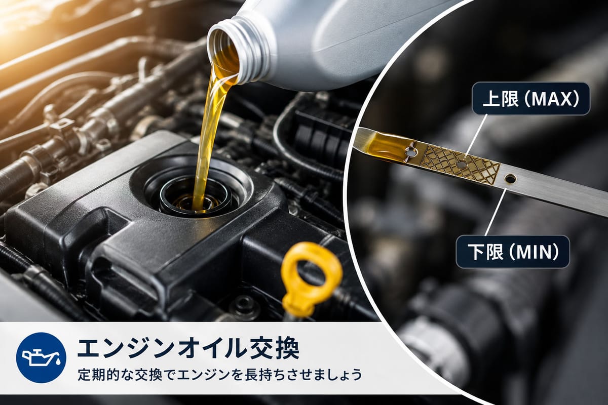 エンジンルームに注がれるエンジンオイルとオイルレベルゲージ(オイル交換作業のイメージ)