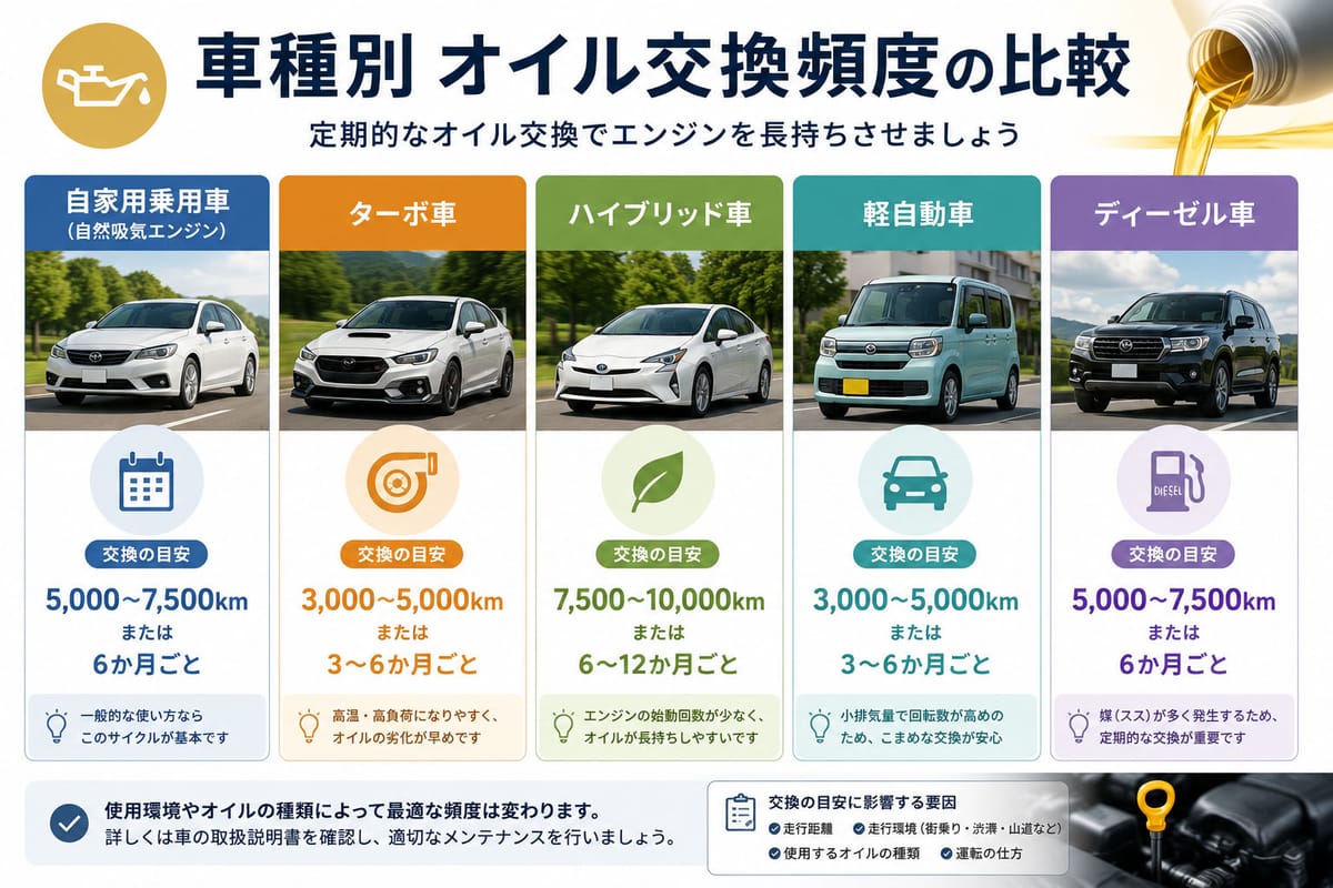 車種別(自家用乗用車・ターボ車・ハイブリッド車・軽自動車・ディーゼル車)のオイル交換頻度の比較イメージ