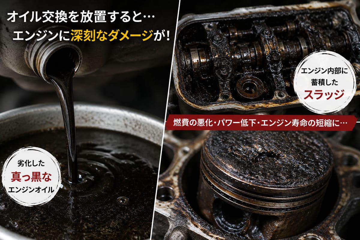 オイル交換を放置した結果、劣化して真っ黒になったオイルとエンジン内部のスラッジのイメージ