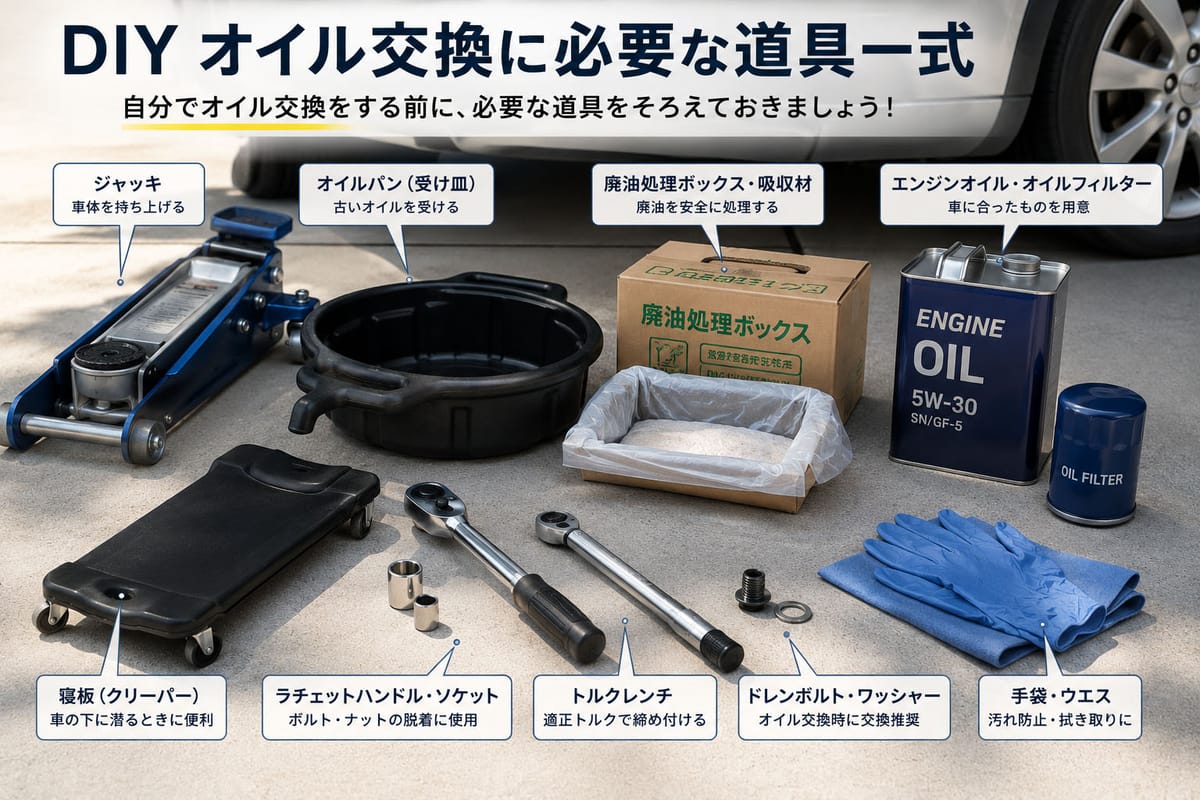 DIY オイル交換に必要な道具一式(ジャッキ・オイルパン・トルクレンチ・廃油処理ボックスなど)