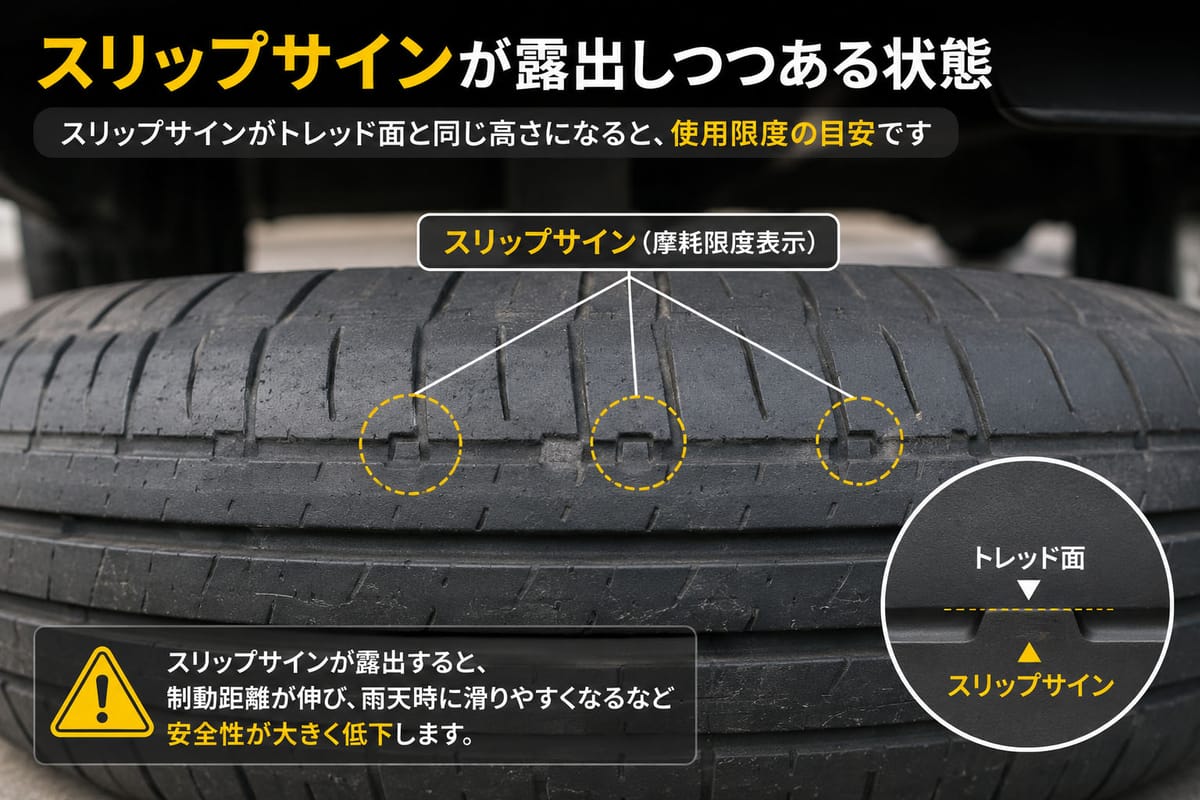 タイヤのトレッド(接地面)を横から撮影し、スリップサインが露出しつつある状態を示すイメージ