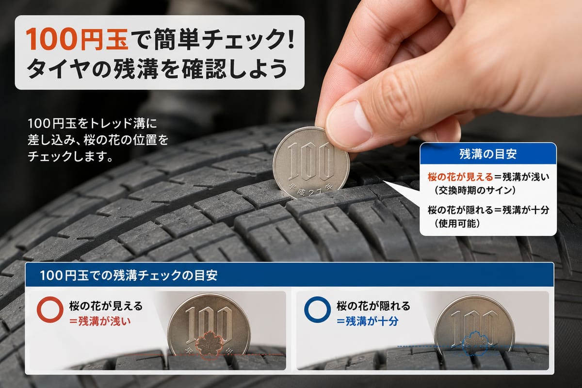 タイヤのトレッド溝に 100 円玉を差し込んで残溝の深さを測定している様子